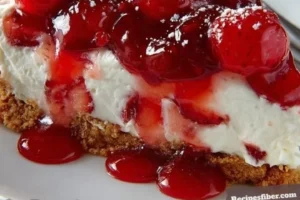 No-bake strawberry cheesecake topped with fresh strawberries