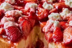 Delicious easy strawberry cake decorated with fresh strawberries and whipped cream.