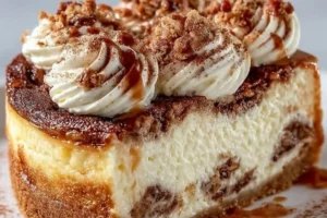 Fluffy cinnamon roll cheesecake topped with cinnamon swirl and cream cheese frosting