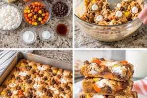 Gooey marshmallow blondies topped with Reese's Pieces on a baking tray.