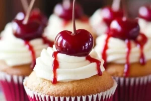 Delicious cherry cupcakes topped with cream and fresh cherries.