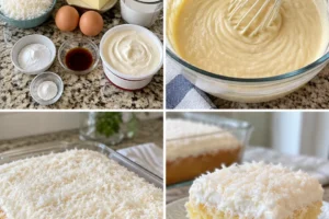 Slice of homemade coconut cake with creamy coconut frosting on a plate