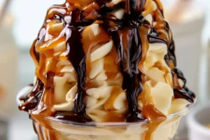 Delicious brownie cheesecake cups garnished with chocolate sauce.