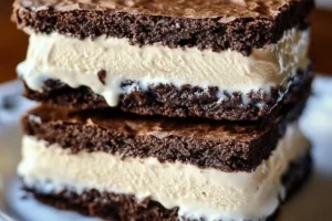 Delicious brownie ice cream sandwiches with rich chocolate brownie and creamy ice cream filling