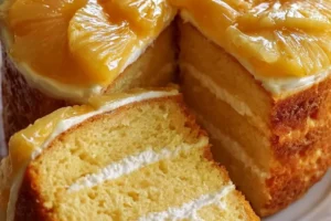 Deliciously moist pineapple cake topped with fresh pineapple slices and cream