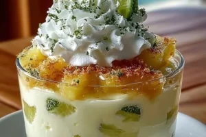 Delicious Key Lime Pie Cheesecake with Piña Colada Swirl on a serving plate