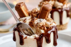 Delicious Kinder Bueno-inspired no-bake cheesecake cups served in a clear dessert dish.