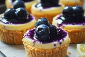Delicious lemon blueberry mini cheesecake bites arranged on a plate