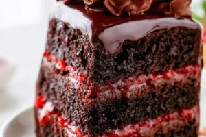 Luxurious chocolate strawberry cake topped with fresh strawberries and chocolate ganache.