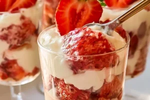 Mini strawberry cheesecake shooters in clear cups garnished with fresh strawberries
