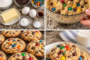 M&M chocolate chip cookies with golden edges and soft centers on a plate