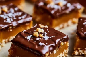 No-bake caramel pretzel crack bars topped with chocolate and sea salt