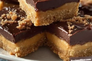 Delicious no-bake peanut butter bars on a plate with chocolate drizzle