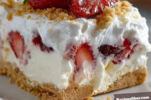 No-bake strawberry cheesecake dessert topped with fresh strawberries