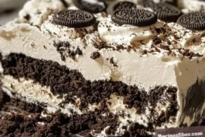 Chocolate Oreo Dirt Cake with cream and cookie crumbles