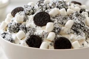Delicious Oreo Fluff dessert with crushed Oreos and whipped cream