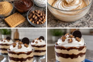 Delicious Peanut Butter Pie Parfaits layered with creamy filling and chocolate.