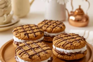Peanut Butter S'mores Sandwich Cookies stacked on a plate