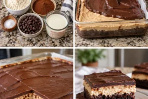 Decadent Peanut Butter Truffle Brownies topped with peanut butter truffles.