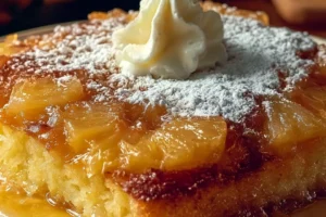 Slice of Pineapple Sunshine Cake with tropical decorations