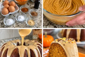 Delicious Pumpkin Bundt Cake served with maple glaze and real pumpkin puree