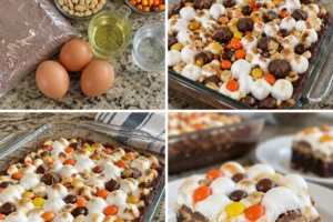 Decadent Reese's Rocky Road Brownies topped with marshmallows and chocolate