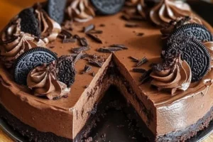 Rich chocolate cheesecake with an Oreo crust served on a dessert plate.