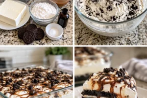 Delicious Salted Caramel Oreo Icebox Cake topped with drizzled caramel and Oreo cookies.