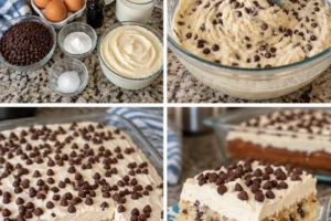 Soft and fluffy chocolate chip cake with vanilla frosting on a dessert plate