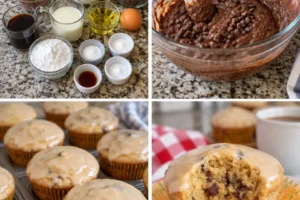 Soft coffee chocolate chip muffins with a glossy coffee glaze on top