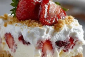 Delicious strawberry cheesecake layered dessert with fresh strawberries and cream.