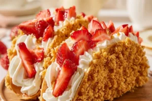 Strawberry Crunch Cheesecake Tacos served on a plate with fresh strawberries