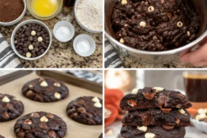 Super fudgy chocolate pumpkin cookies filled with chocolate chips on a plate