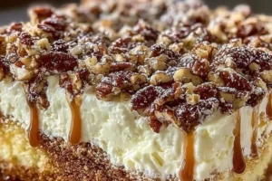 A slice of Neiman Marcus Cake topped with chocolate and nuts on a plate.