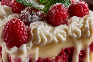 Delicious white chocolate raspberry poke cake topped with fresh raspberries